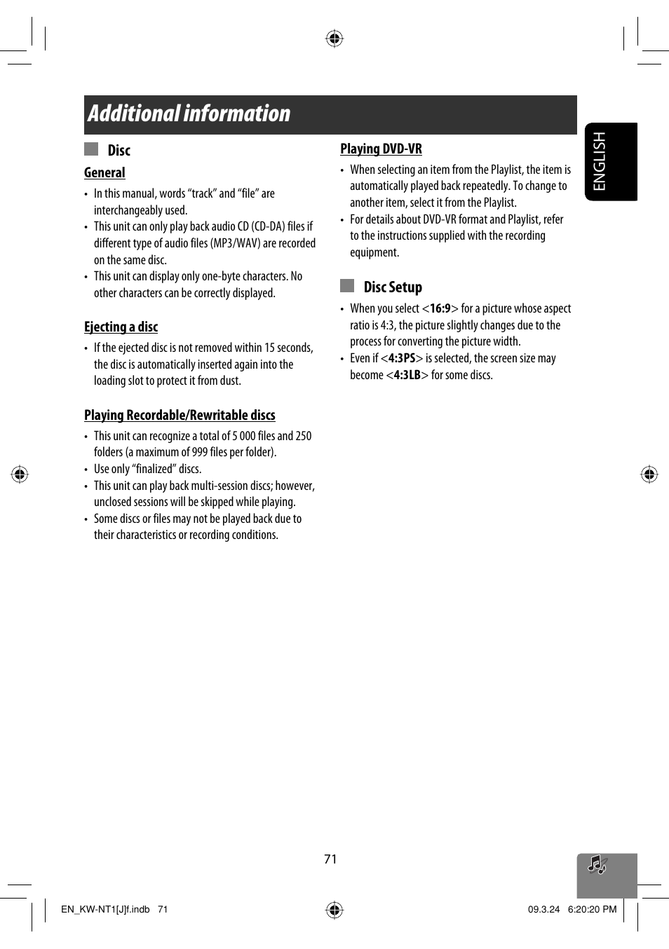 Additional information, English, Disc setup | Disc | JVC KW-NT1 User Manual | Page 71 / 293
