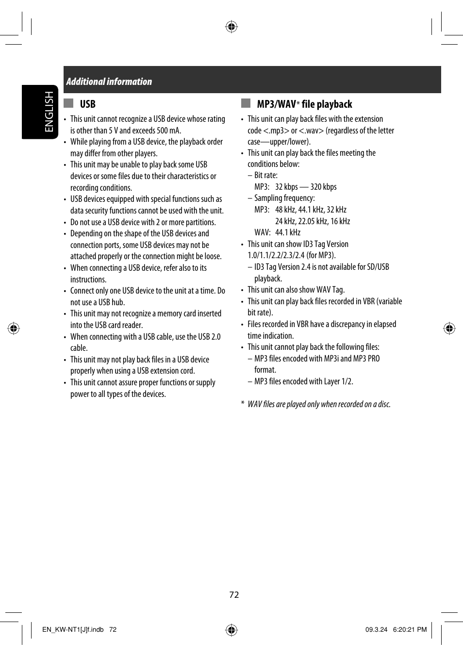 English, Mp3/wav, File playback | JVC KW-NT1 User Manual | Page 72 / 293