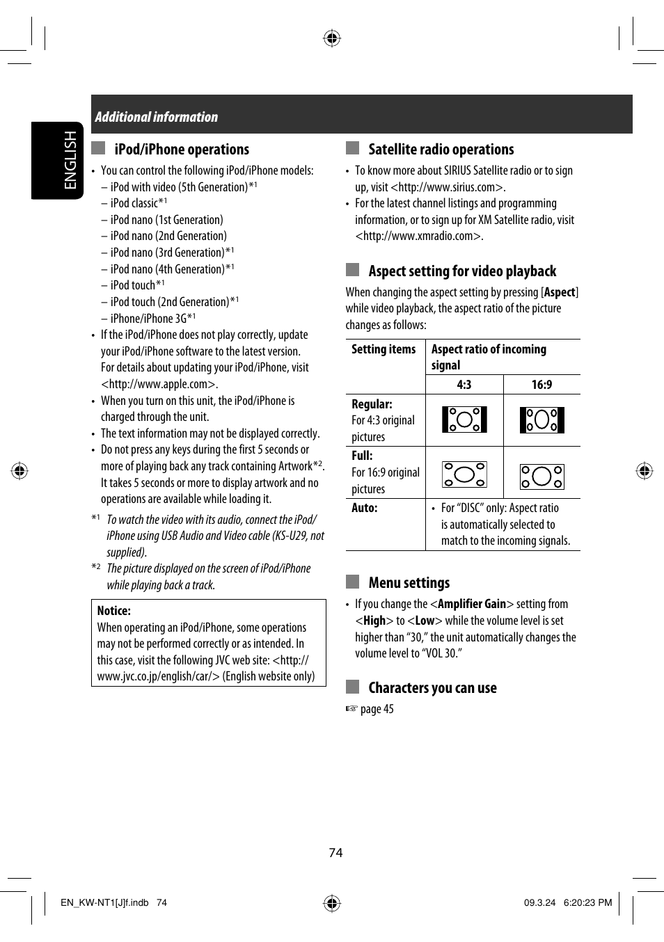 English, Satellite radio operations, Aspect setting for video playback | Menu settings, Characters you can use, Ipod/iphone operations | JVC KW-NT1 User Manual | Page 74 / 293