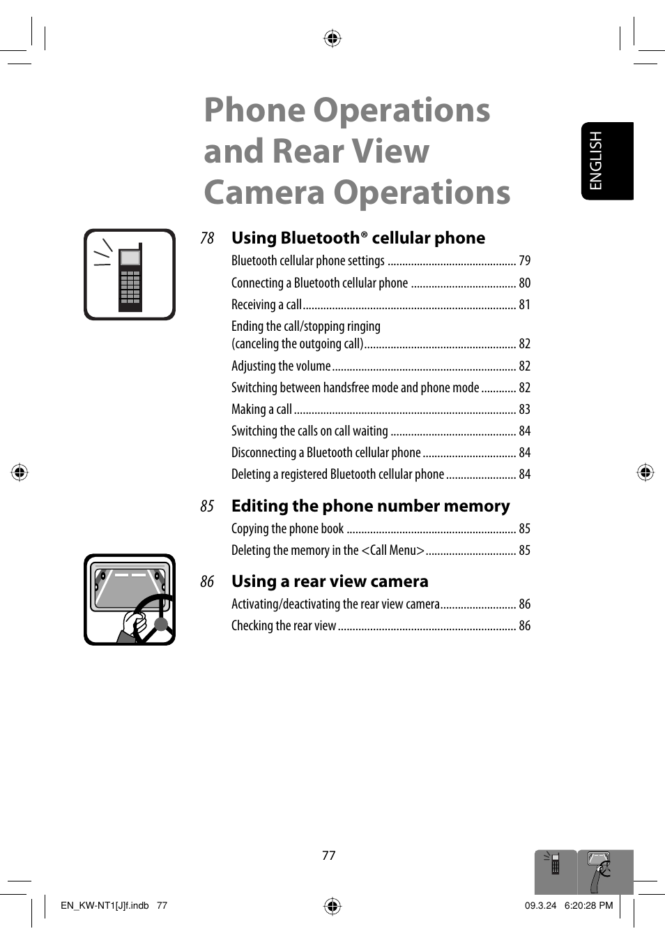 Phone operations and rear view camera operations, 78 using bluetooth® cellular phone, 86 using a rear view camera | JVC KW-NT1 User Manual | Page 77 / 293