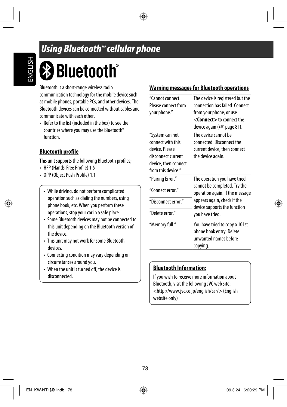 Using bluetoothr cellular phone, Using bluetooth® cellular phone, English | JVC KW-NT1 User Manual | Page 78 / 293