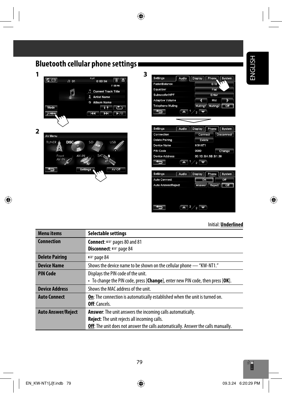 Bluetooth cellular phone settings, English | JVC KW-NT1 User Manual | Page 79 / 293