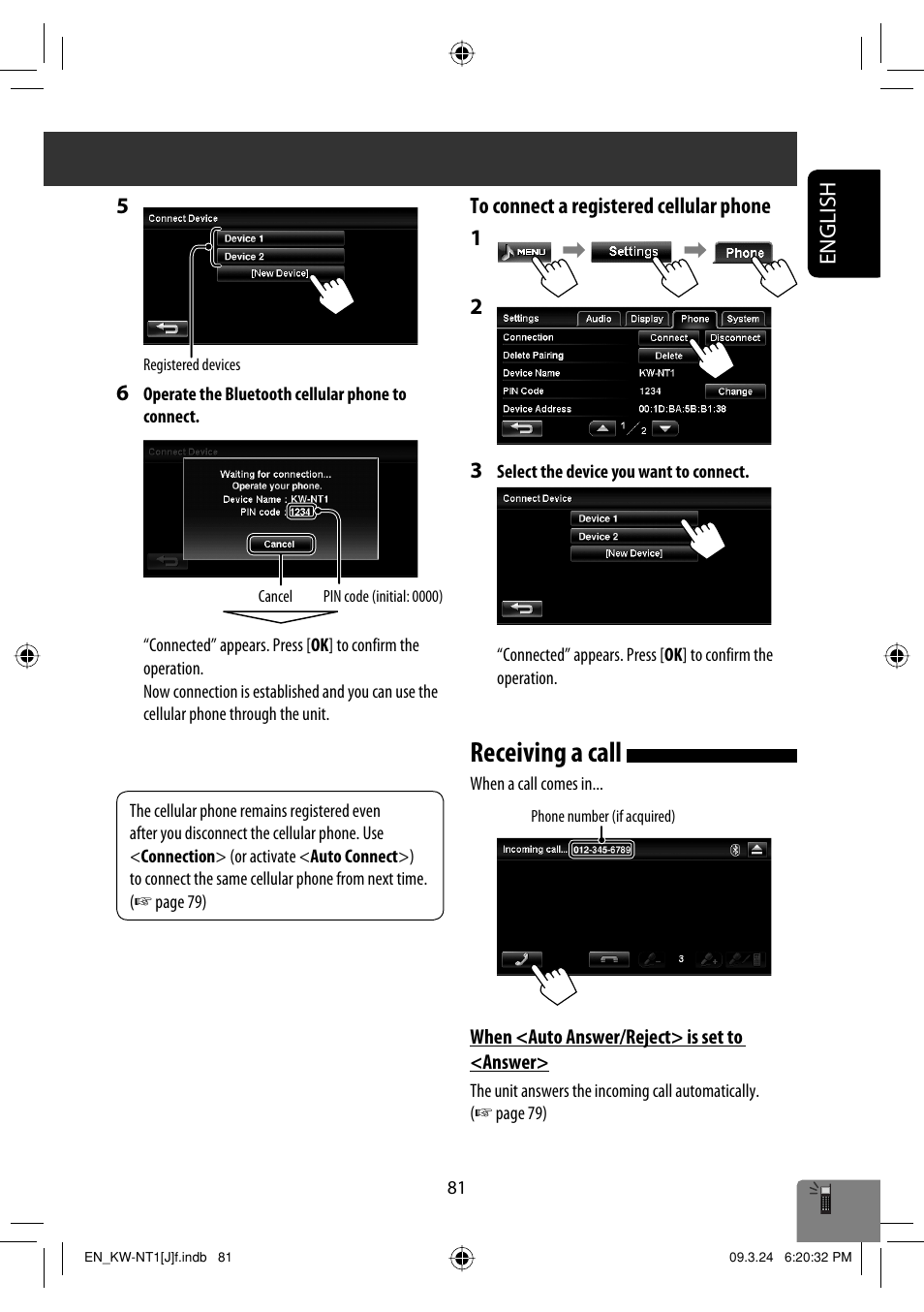 Receiving a call, English | JVC KW-NT1 User Manual | Page 81 / 293