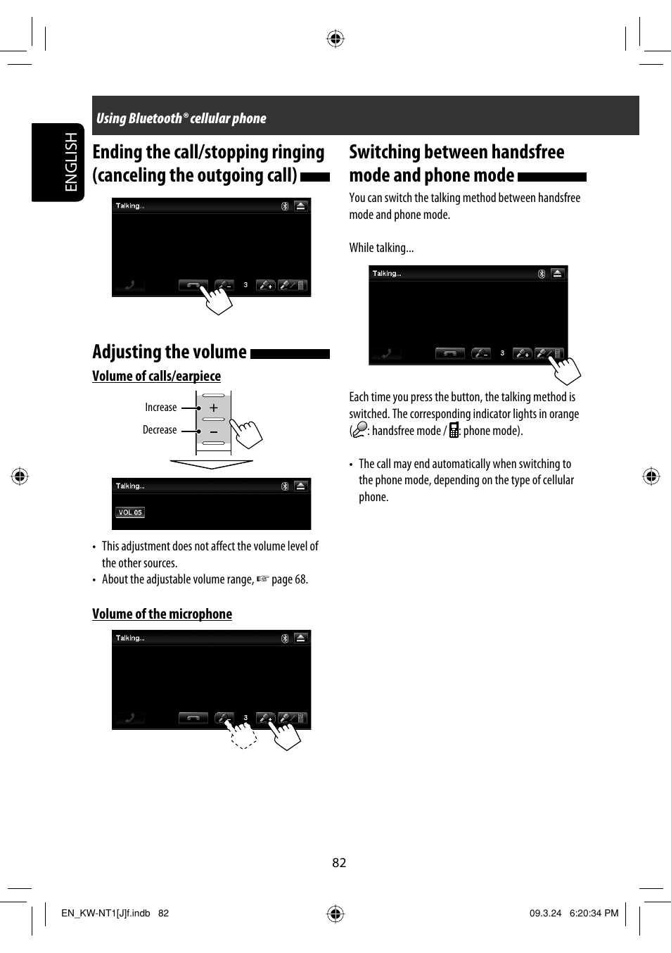 Adjusting the volume, Switching between handsfree mode and phone mode, English | JVC KW-NT1 User Manual | Page 82 / 293