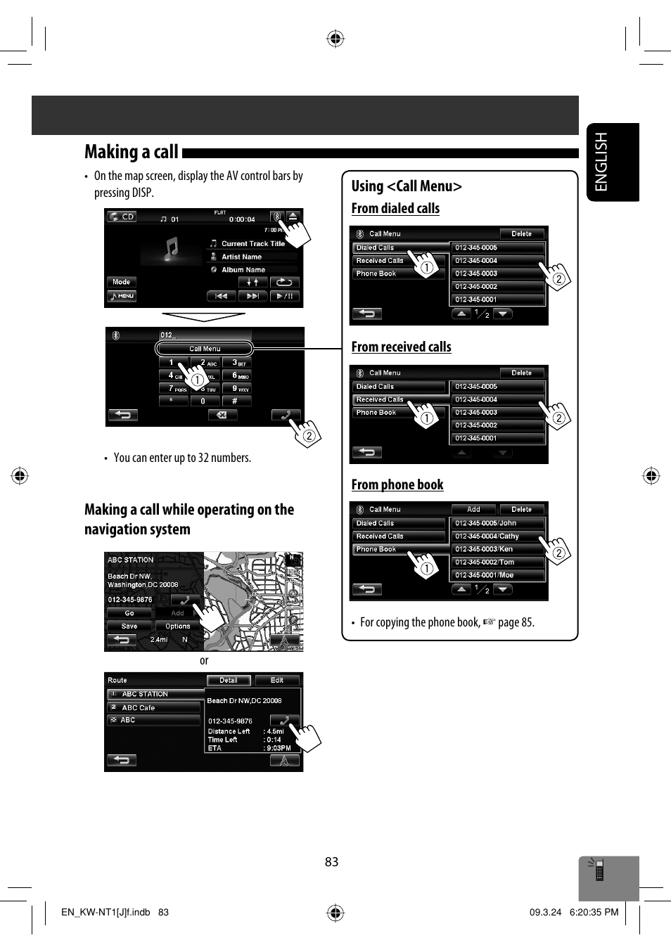 Making a call, English, Using <call menu | JVC KW-NT1 User Manual | Page 83 / 293