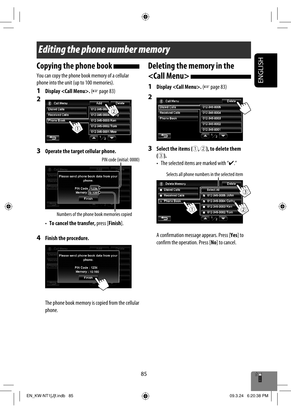 Editing the phone number memory, Copying the phone book, Deleting the memory in the <call menu | JVC KW-NT1 User Manual | Page 85 / 293