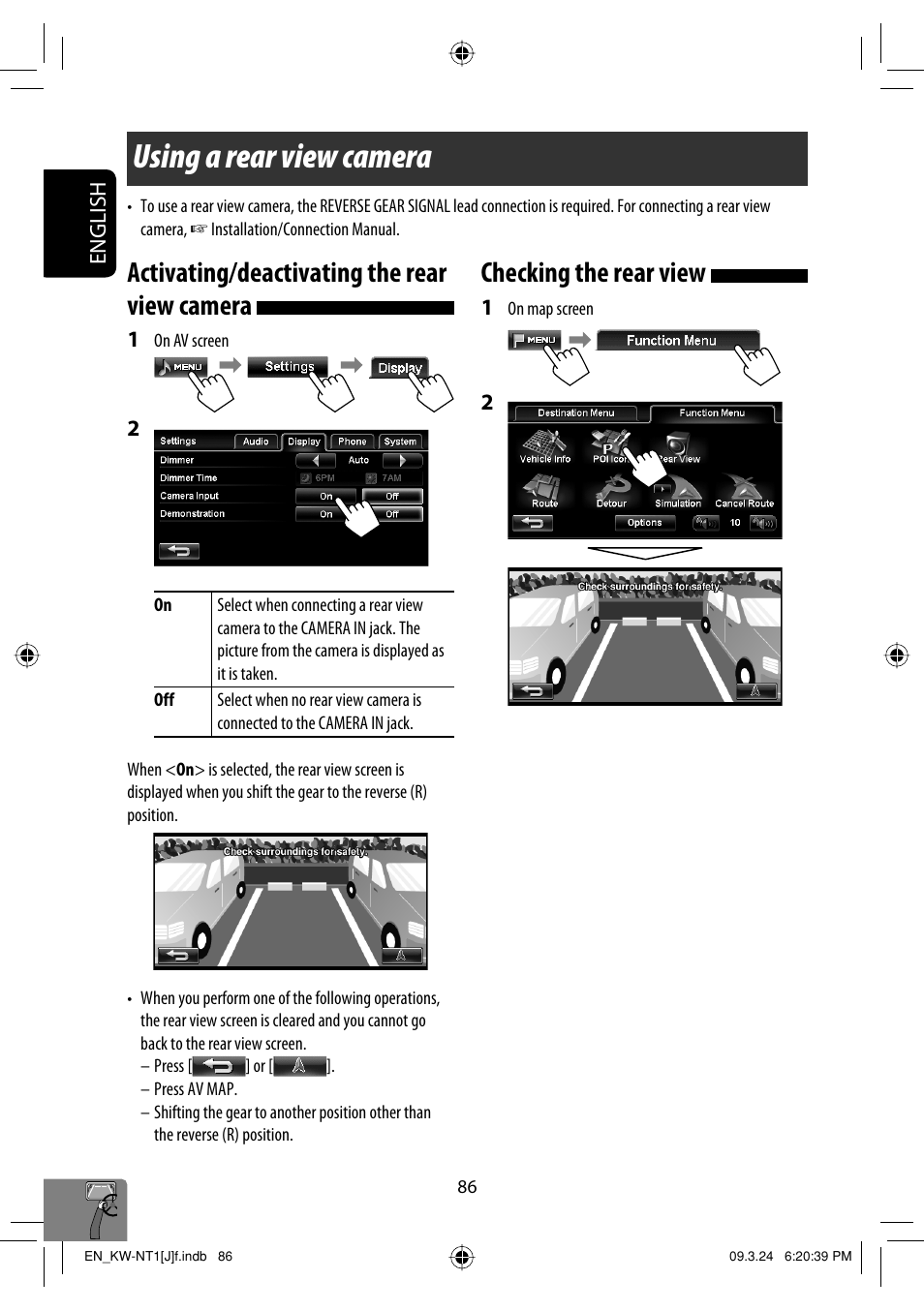 Using a rear view camera, Activating/deactivating the rear view camera, Checking the rear view | JVC KW-NT1 User Manual | Page 86 / 293
