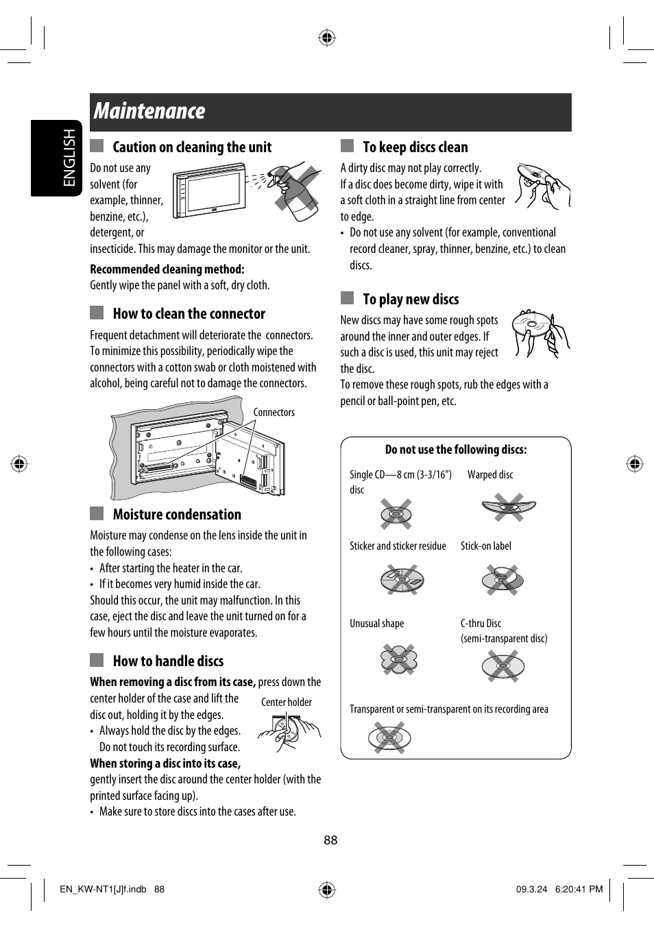 Maintenance, English, Caution on cleaning the unit | How to clean the connector, Moisture condensation, How to handle discs | JVC KW-NT1 User Manual | Page 88 / 293