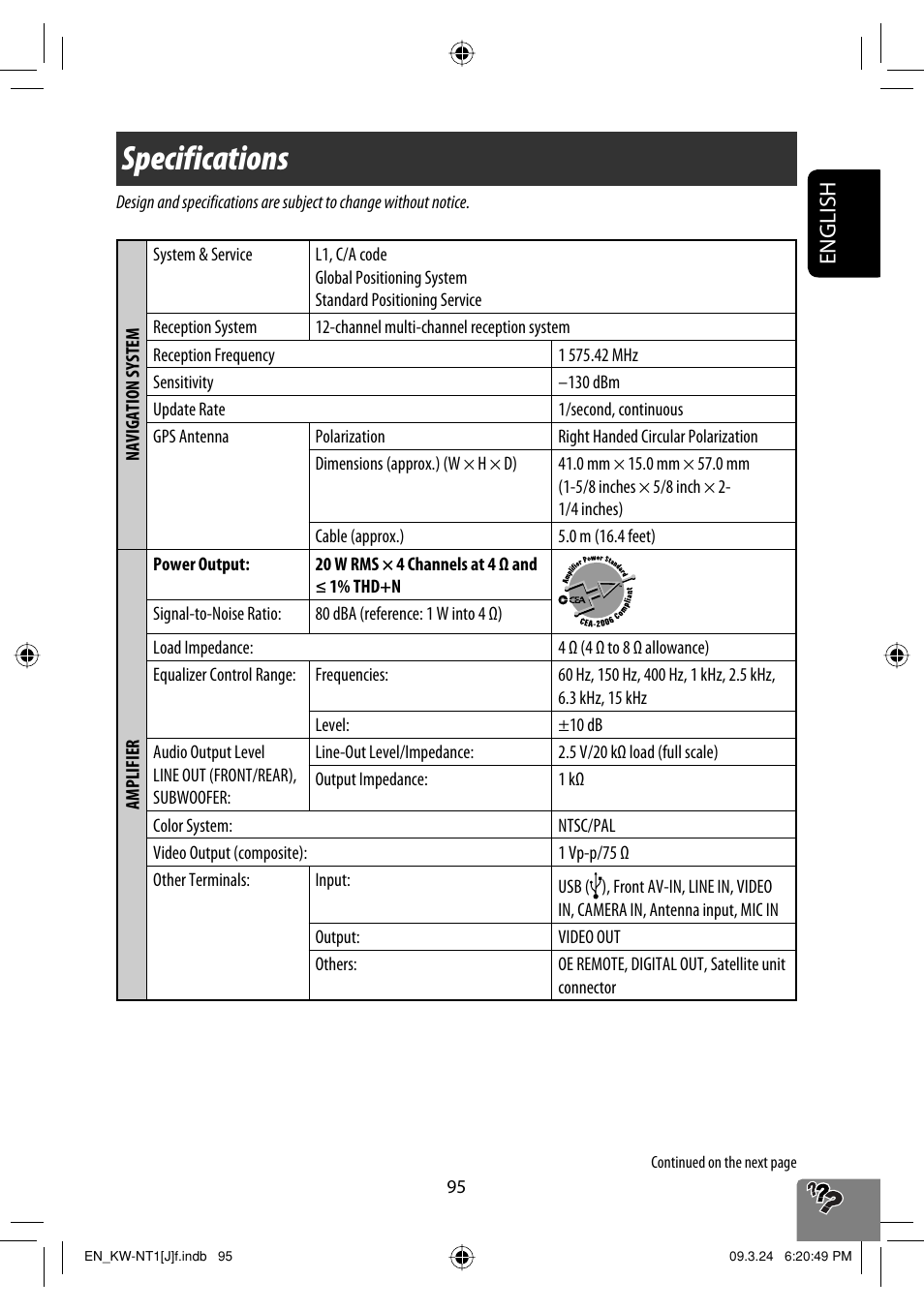 Specifications, English | JVC KW-NT1 User Manual | Page 95 / 293