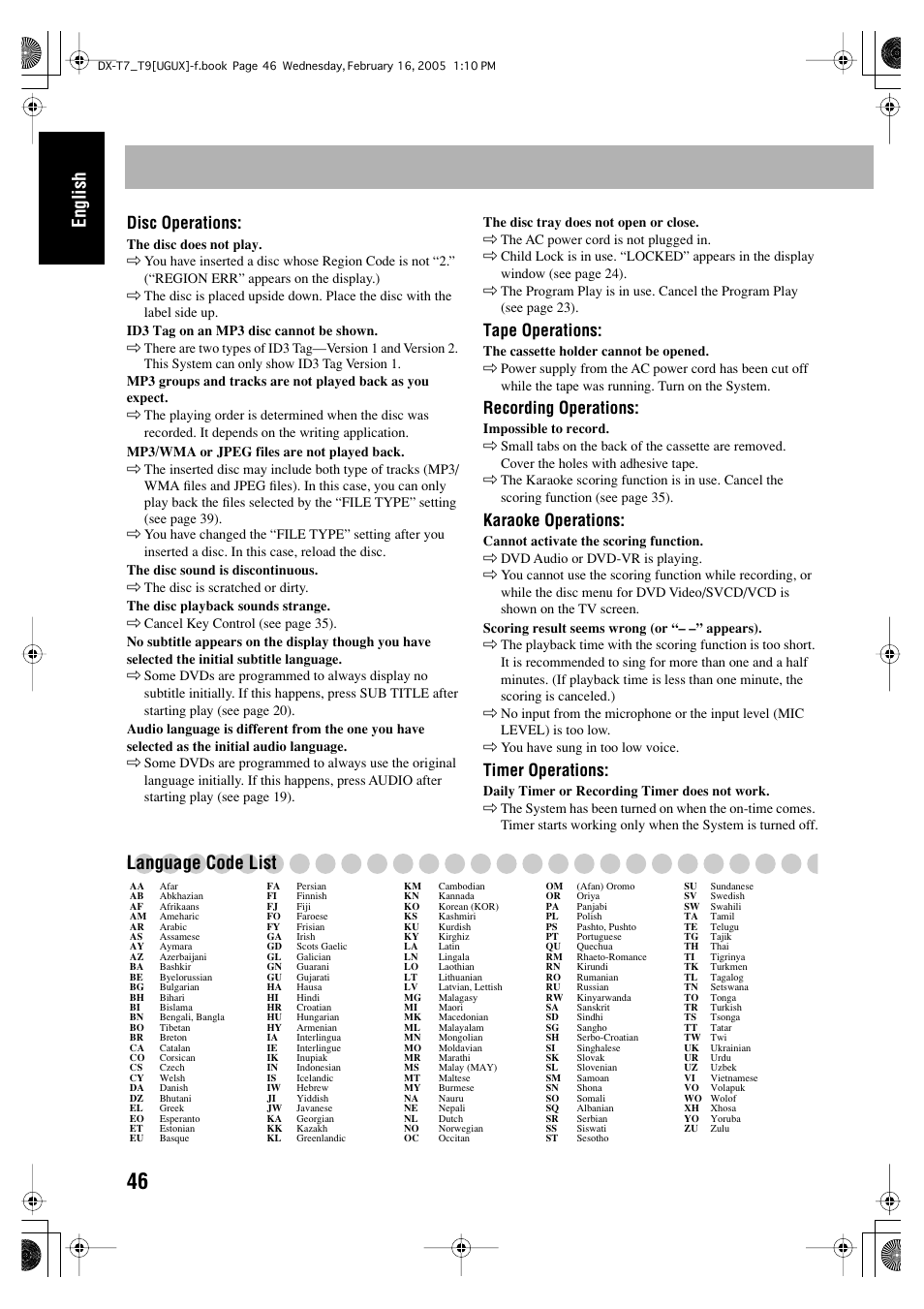 English, Language code list, Disc operations | Tape operations, Recording operations, Karaoke operations, Timer operations | JVC CA-DXT7 User Manual | Page 105 / 212