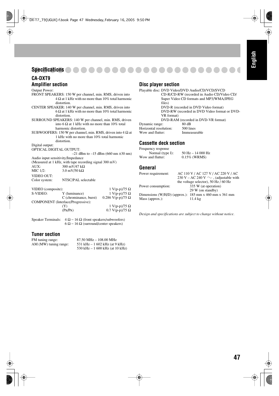 English specifications, General | JVC CA-DXT7 User Manual | Page 106 / 212