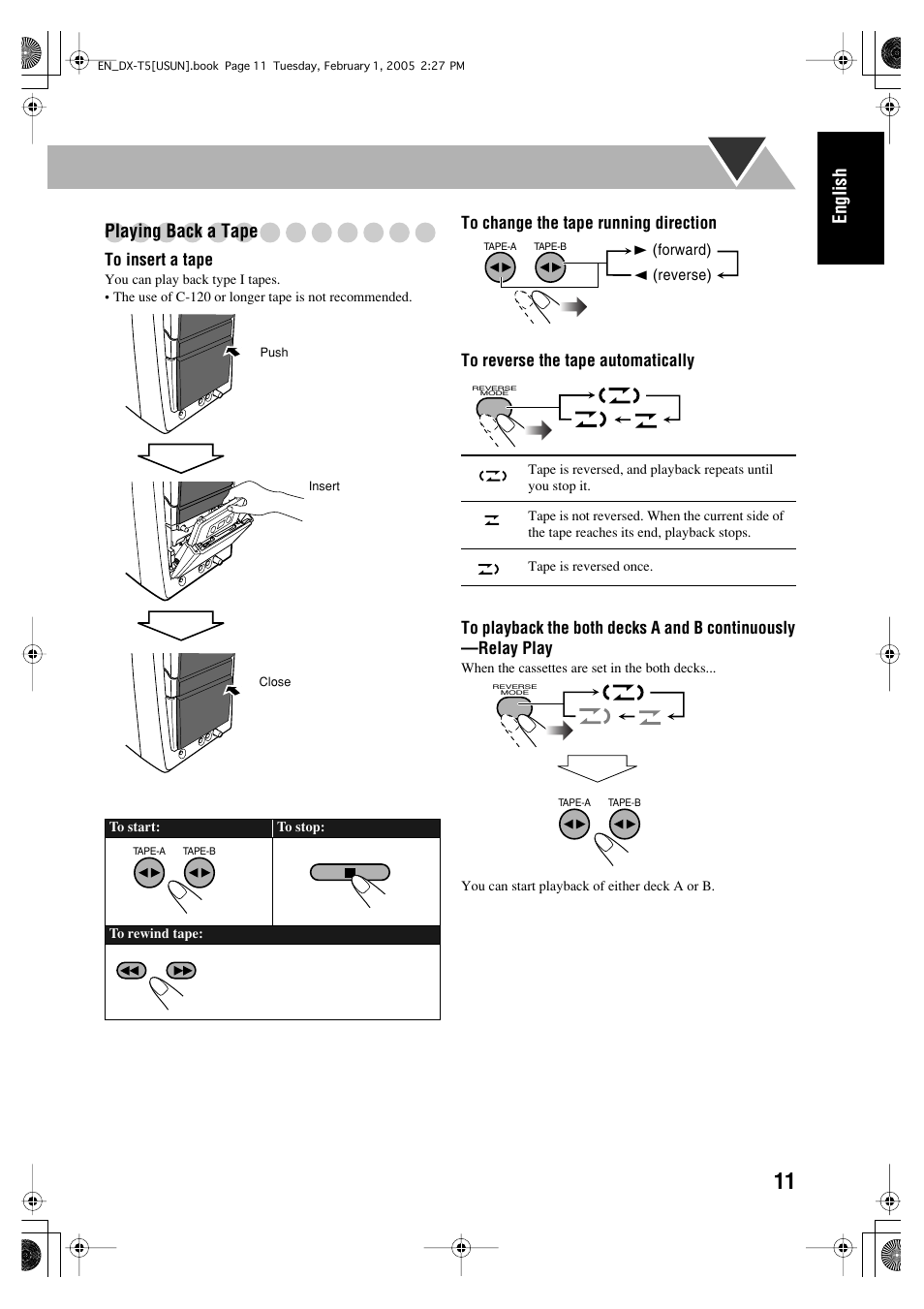 English playing back a tape | JVC CA-DXT7 User Manual | Page 125 / 212