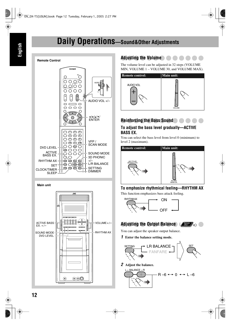 Daily operations--sound&other adjustments, Daily operations, Sound&other adjustments | English, Adjusting the volume, Reinforcing the bass sound, Adjusting the output balance | JVC CA-DXT7 User Manual | Page 126 / 212