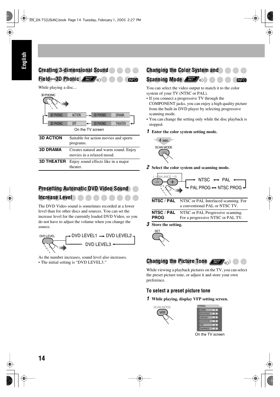 Changing the color system and scanning mode, Changing the picture tone | JVC CA-DXT7 User Manual | Page 128 / 212