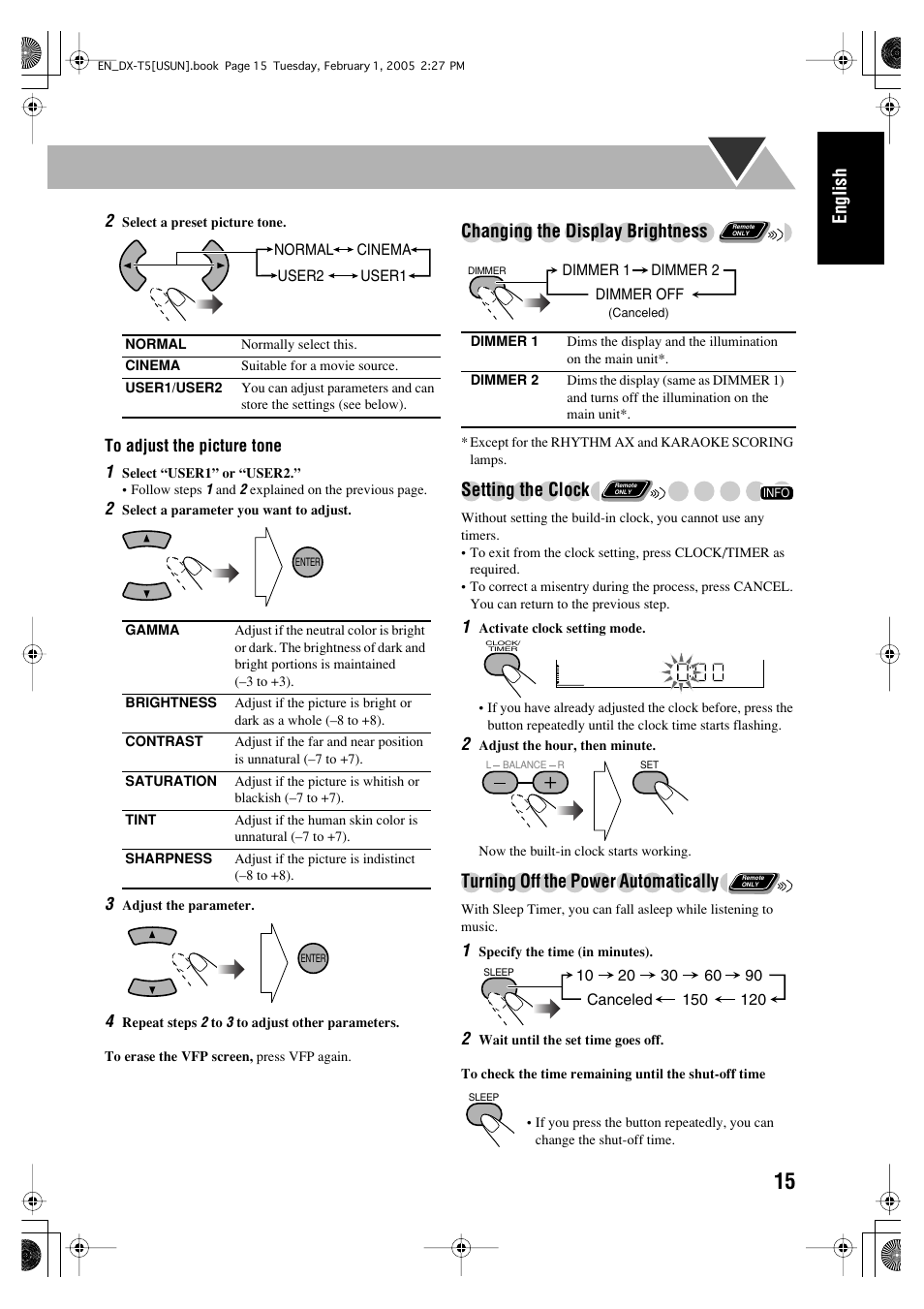 English, Changing the display brightness, Setting the clock | Turning off the power automatically | JVC CA-DXT7 User Manual | Page 129 / 212