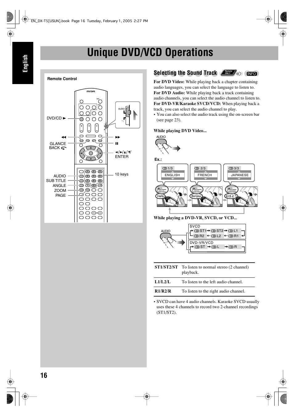 Unique dvd/vcd operations, English, Selecting the sound track | JVC CA-DXT7 User Manual | Page 130 / 212