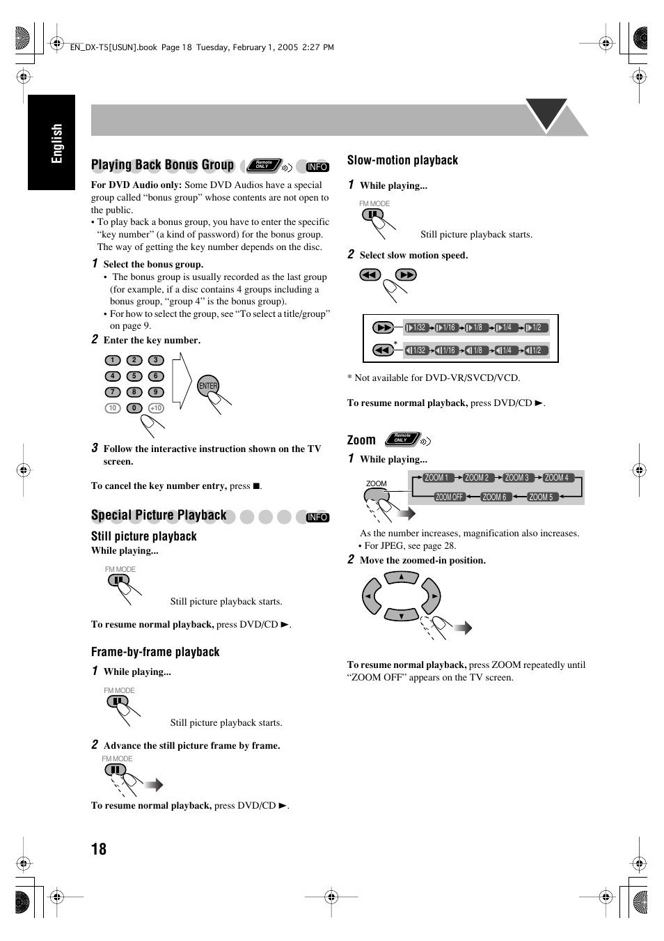 English playing back bonus group, Special picture playback | JVC CA-DXT7 User Manual | Page 132 / 212