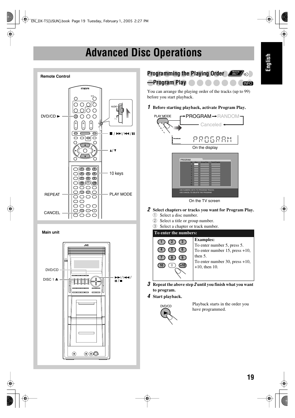 Advanced disc operations, English, Programming the playing order —program play | Program random canceled | JVC CA-DXT7 User Manual | Page 133 / 212