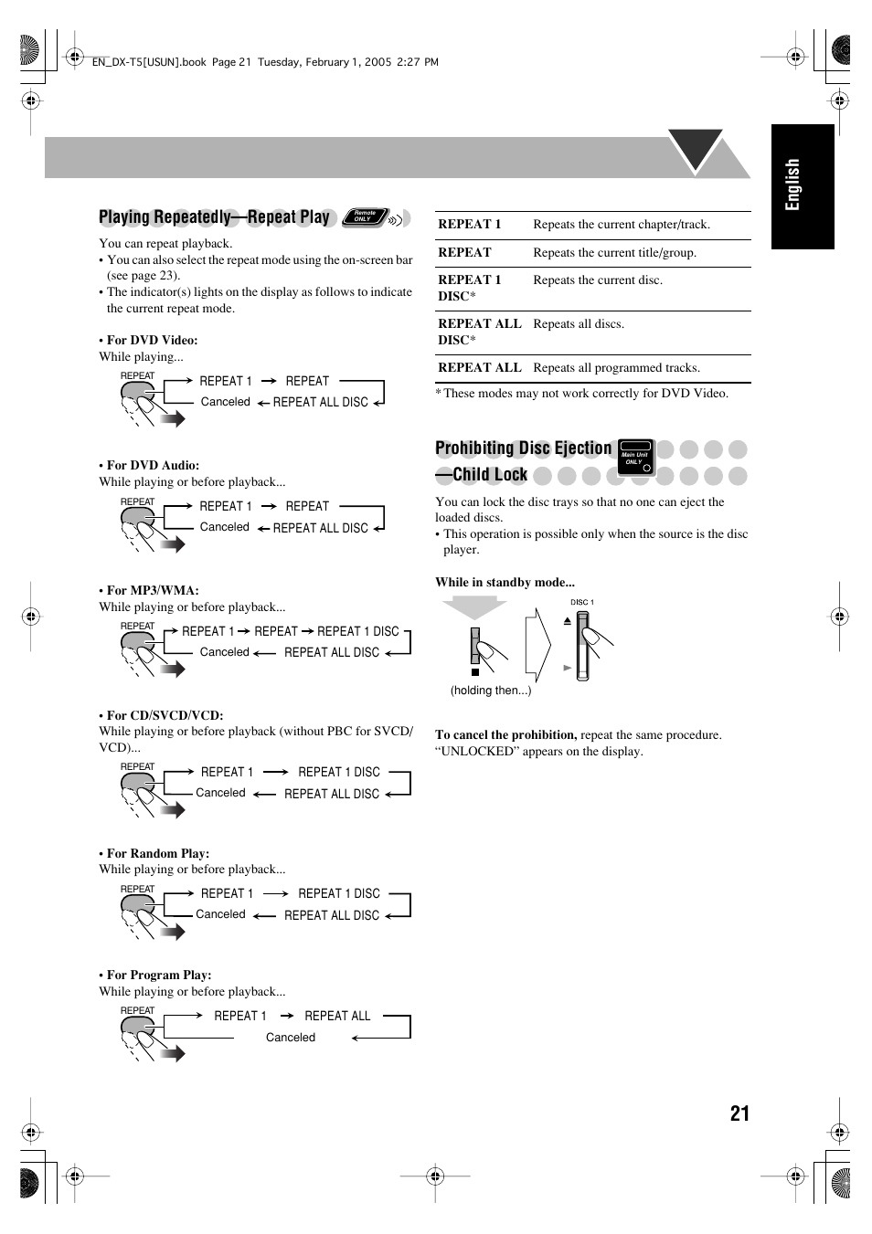 English, Playing repeatedly—repeat play, Prohibiting disc ejection —child lock | JVC CA-DXT7 User Manual | Page 135 / 212