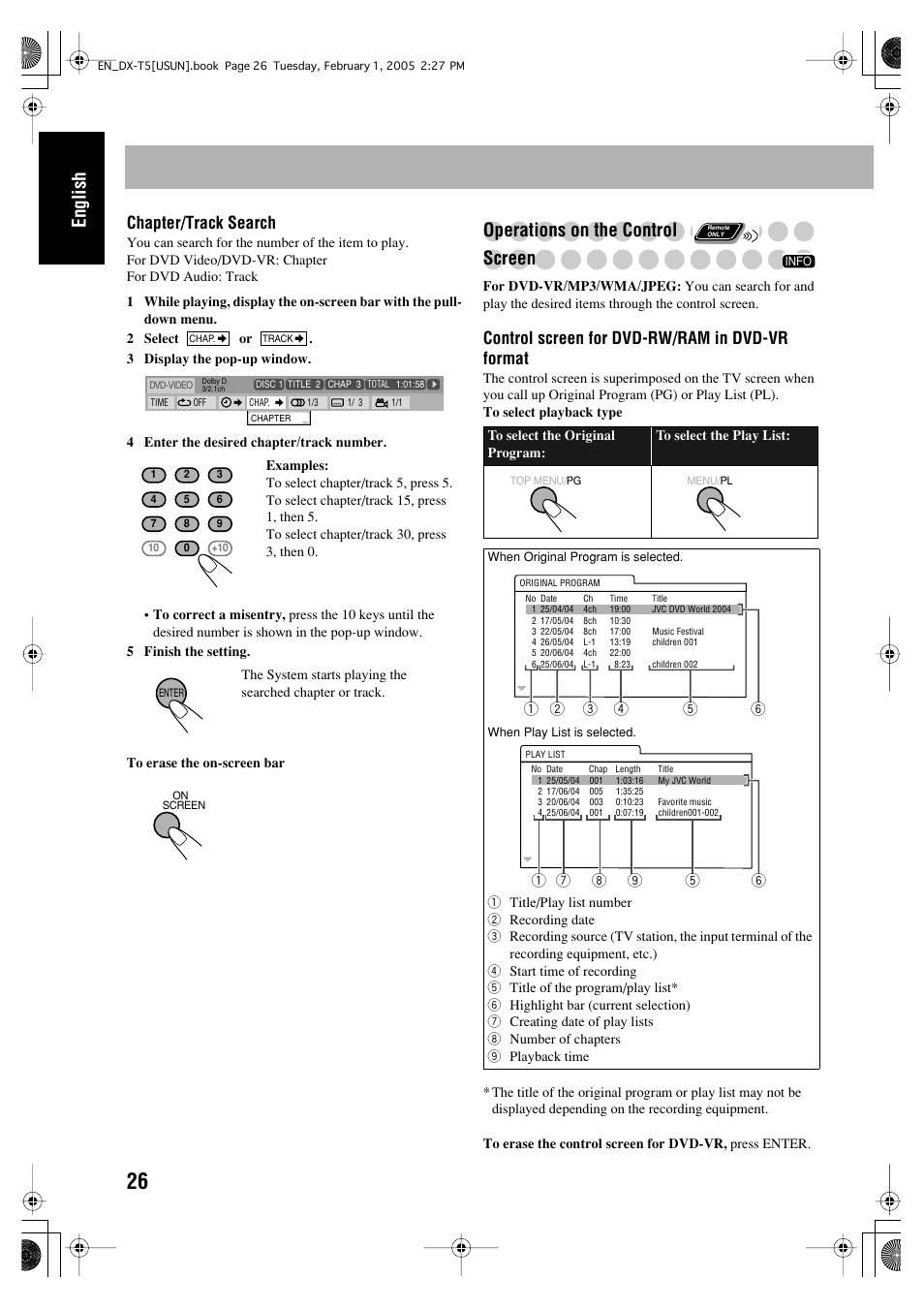 English, Operations on the control screen, Chapter/track search | Control screen for dvd-rw/ram in dvd-vr format | JVC CA-DXT7 User Manual | Page 140 / 212