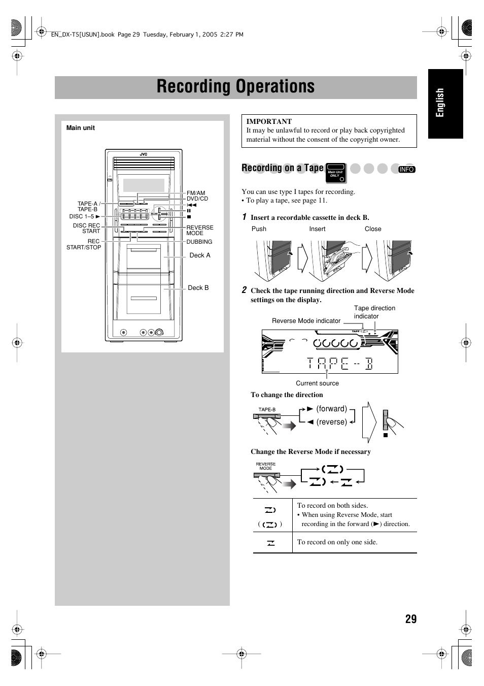 Recording operations, English, Recording on a tape | JVC CA-DXT7 User Manual | Page 143 / 212