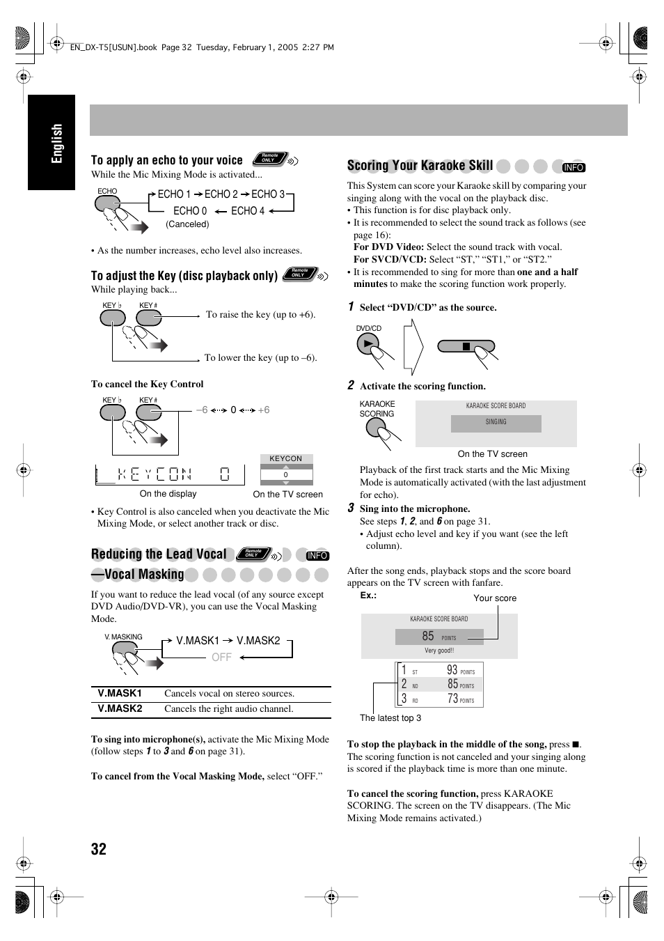 English, Reducing the lead vocal —vocal masking, Scoring your karaoke skill | JVC CA-DXT7 User Manual | Page 146 / 212