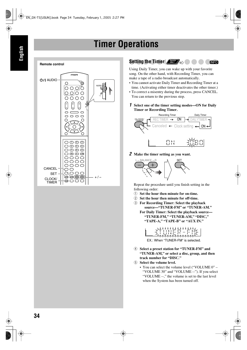 Timer operations, English, Setting the timer | JVC CA-DXT7 User Manual | Page 148 / 212