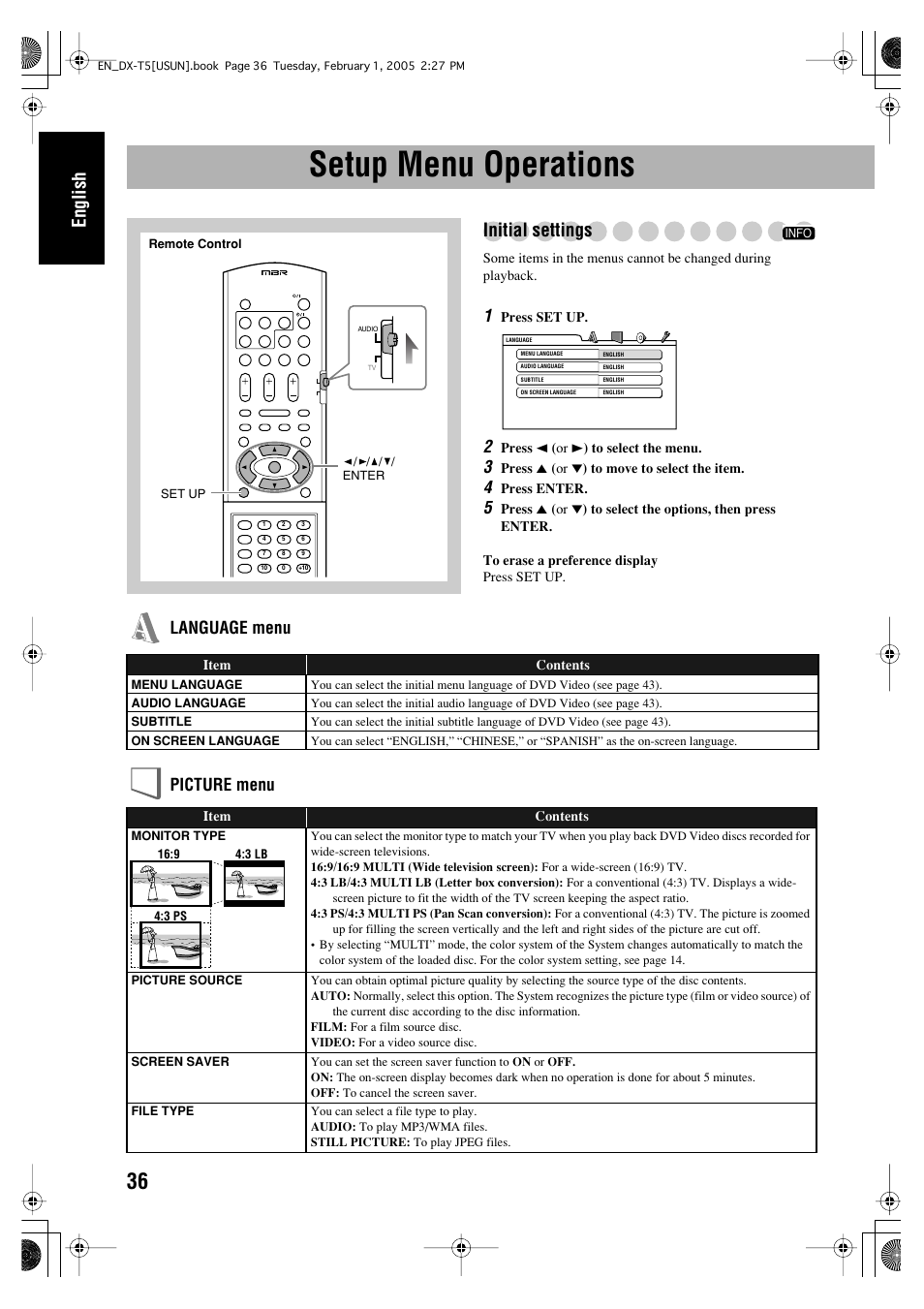 Setup menu operations, English, Initial settings | Language menu picture menu | JVC CA-DXT7 User Manual | Page 150 / 212