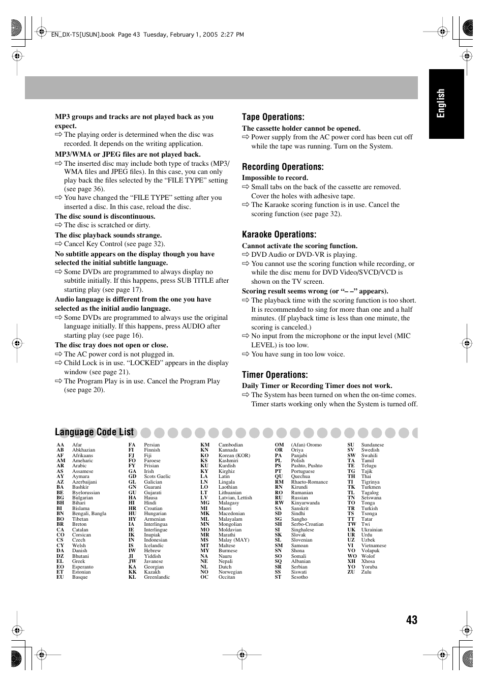 English, Language code list, Tape operations | Recording operations, Karaoke operations, Timer operations | JVC CA-DXT7 User Manual | Page 157 / 212