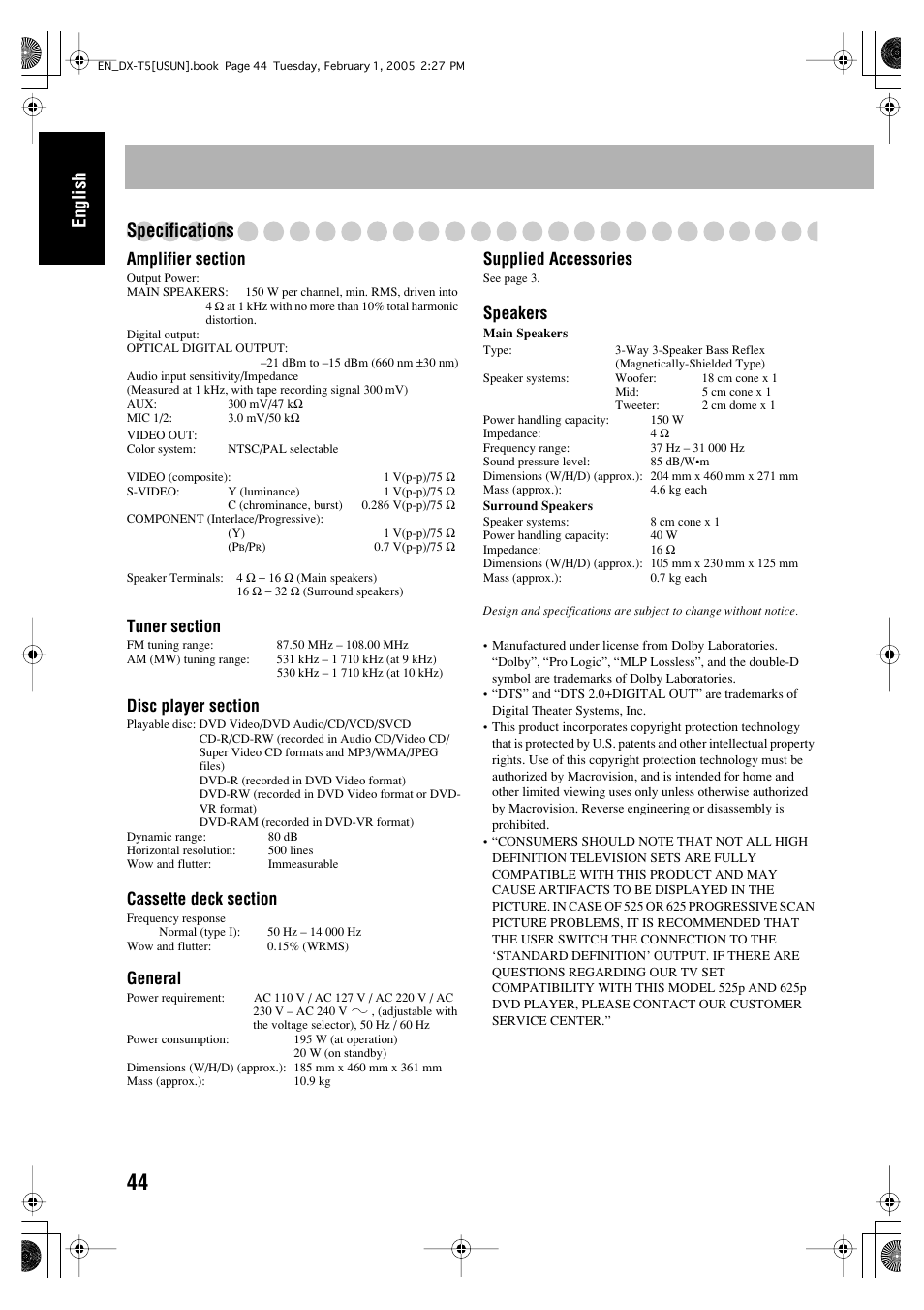 English specifications, General, Supplied accessories | Speakers | JVC CA-DXT7 User Manual | Page 158 / 212