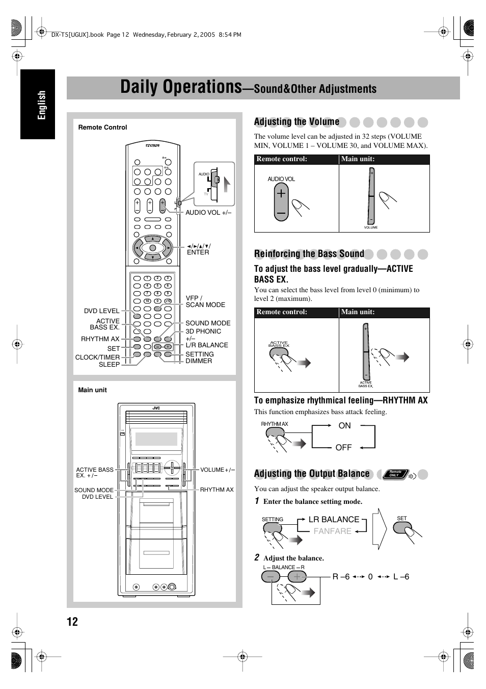 Daily operations--sound&other adjustments, Daily operations, Sound&other adjustments | English, Adjusting the volume, Reinforcing the bass sound, Adjusting the output balance | JVC CA-DXT7 User Manual | Page 177 / 212