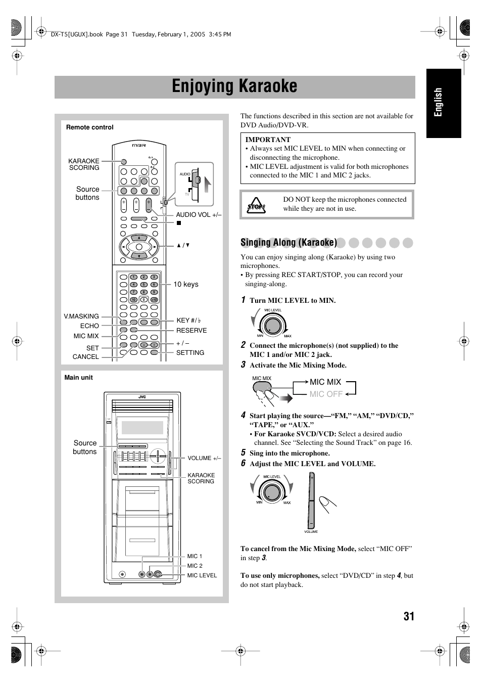 Enjoying karaoke, English, Singing along (karaoke) | JVC CA-DXT7 User Manual | Page 196 / 212