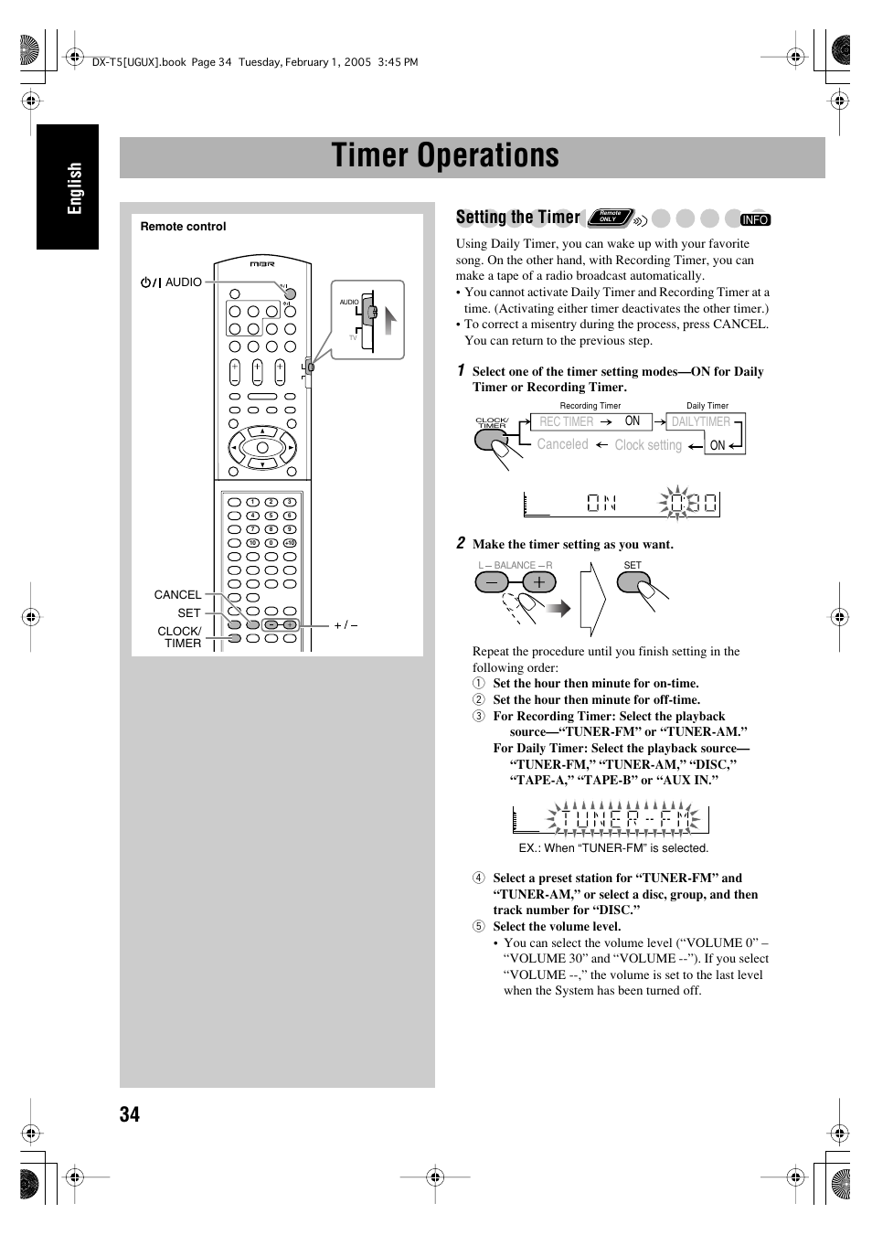 Timer operations, English, Setting the timer | JVC CA-DXT7 User Manual | Page 199 / 212