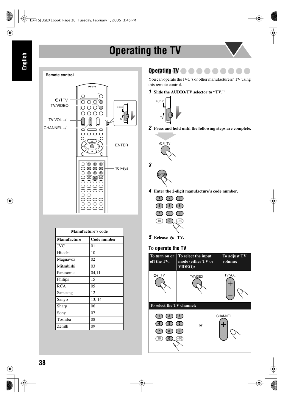 Operating the tv, English, Operating tv | JVC CA-DXT7 User Manual | Page 203 / 212