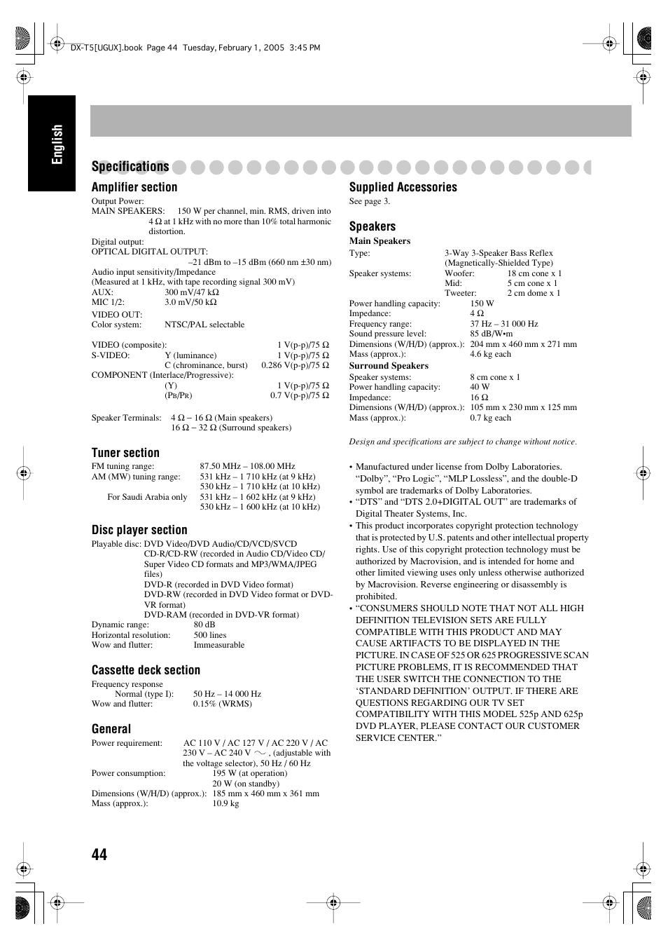 English specifications, General, Supplied accessories | Speakers | JVC CA-DXT7 User Manual | Page 209 / 212