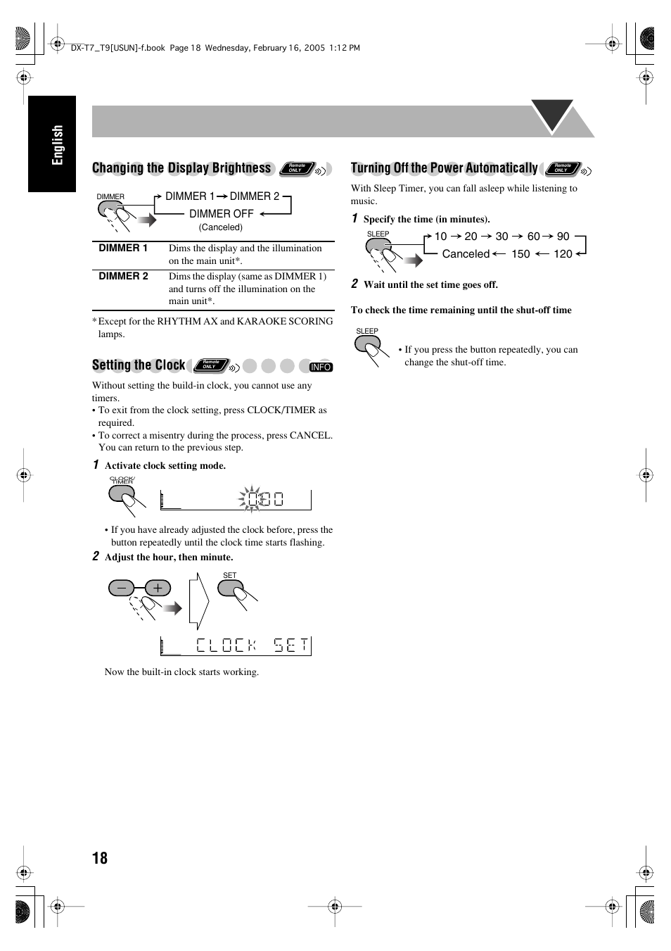 English changing the display brightness, Setting the clock, Turning off the power automatically | JVC CA-DXT7 User Manual | Page 22 / 212