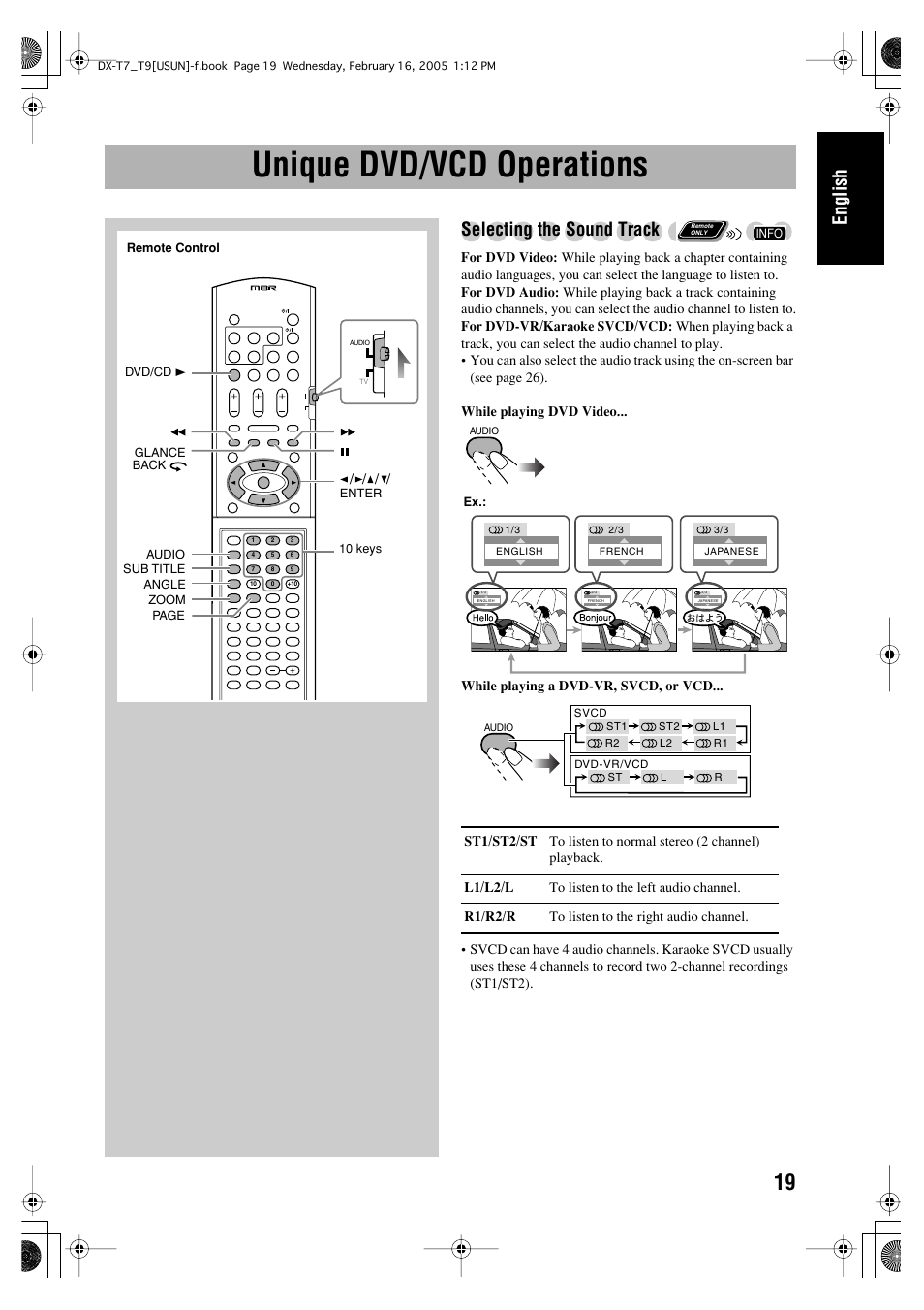 Unique dvd/vcd operations, English, Selecting the sound track | JVC CA-DXT7 User Manual | Page 23 / 212