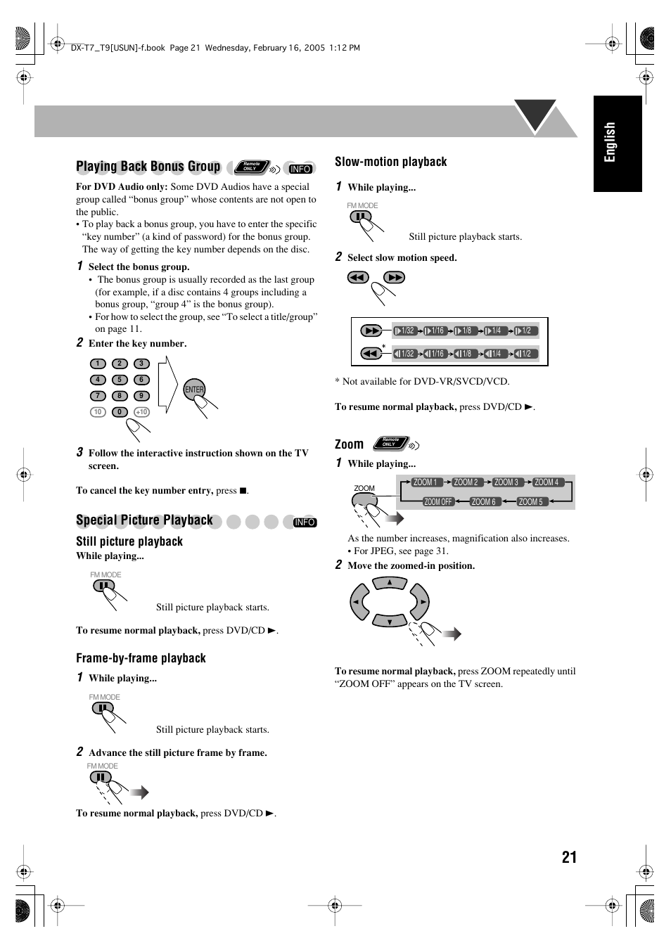 English playing back bonus group, Special picture playback | JVC CA-DXT7 User Manual | Page 25 / 212