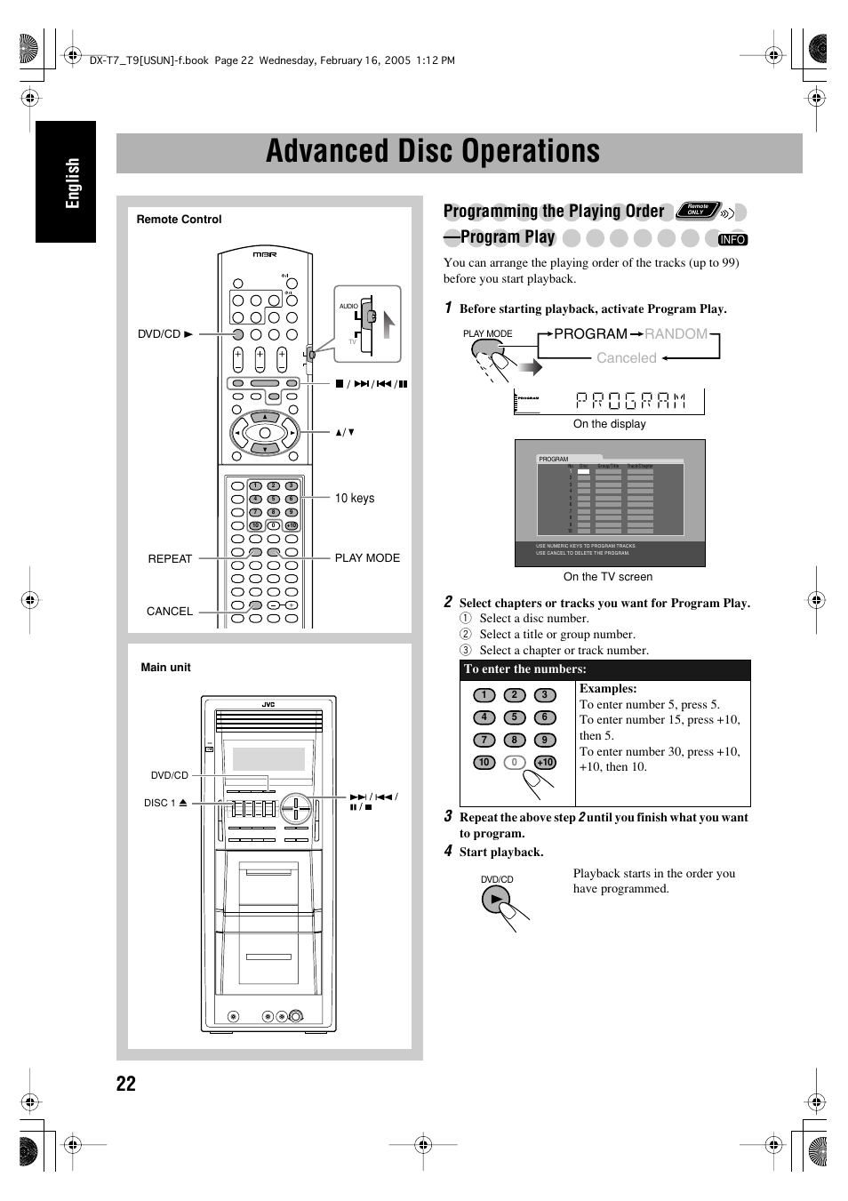 Advanced disc operations, English, Programming the playing order —program play | Program random canceled | JVC CA-DXT7 User Manual | Page 26 / 212