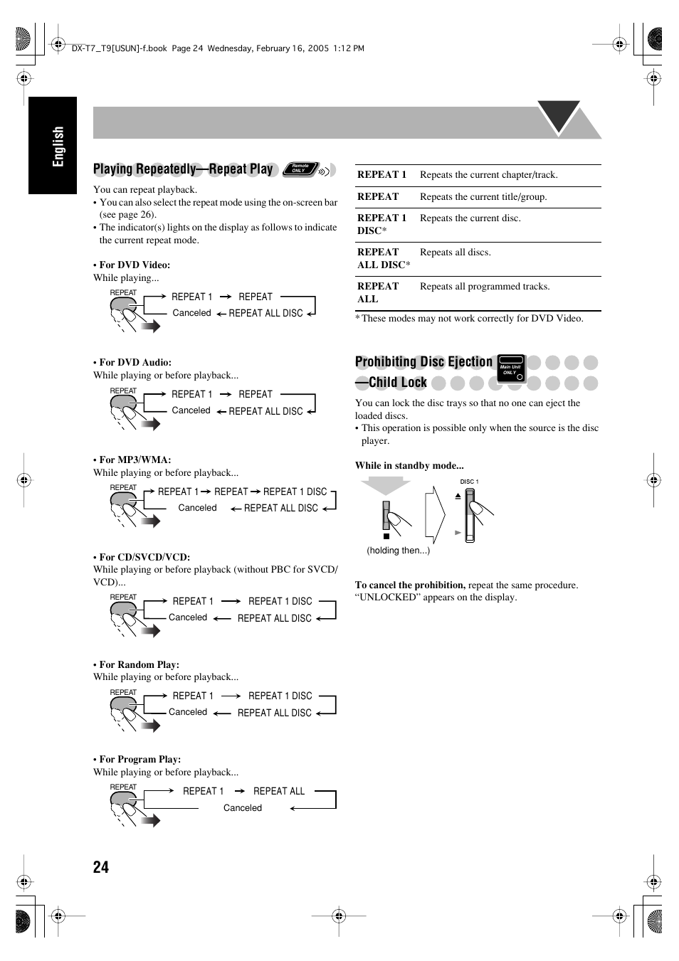 English, Playing repeatedly—repeat play, Prohibiting disc ejection —child lock | JVC CA-DXT7 User Manual | Page 28 / 212