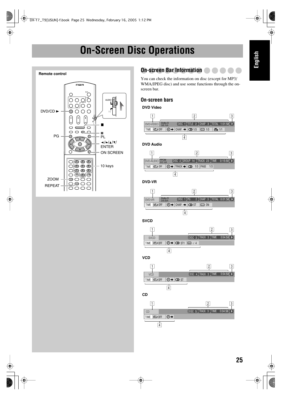 On-screen disc operations, English, On-screen bar information | On-screen bars | JVC CA-DXT7 User Manual | Page 29 / 212