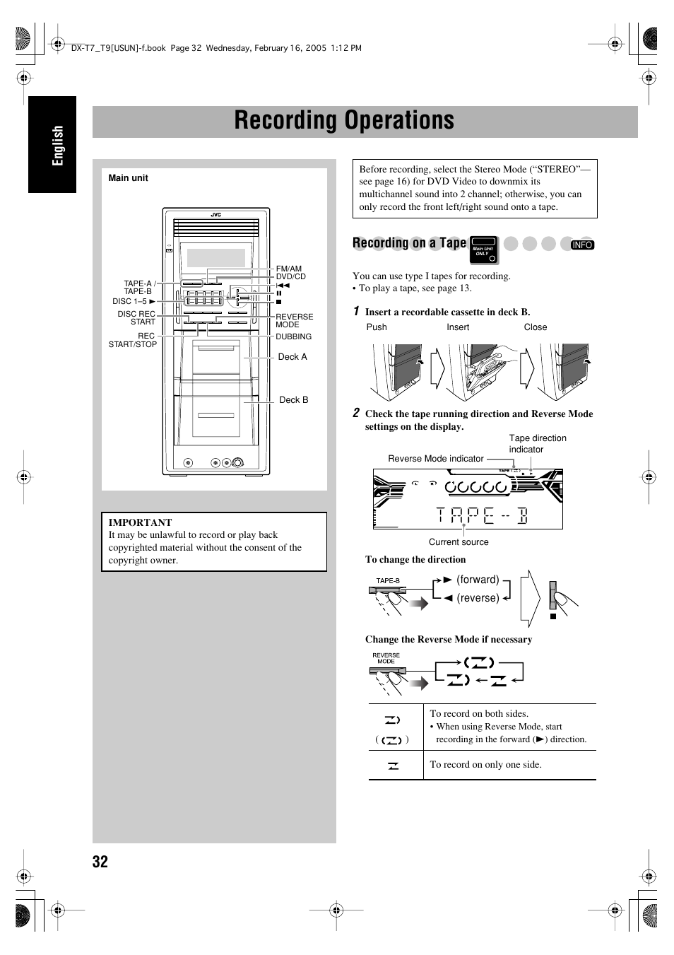 Recording operations, English, Recording on a tape | JVC CA-DXT7 User Manual | Page 36 / 212