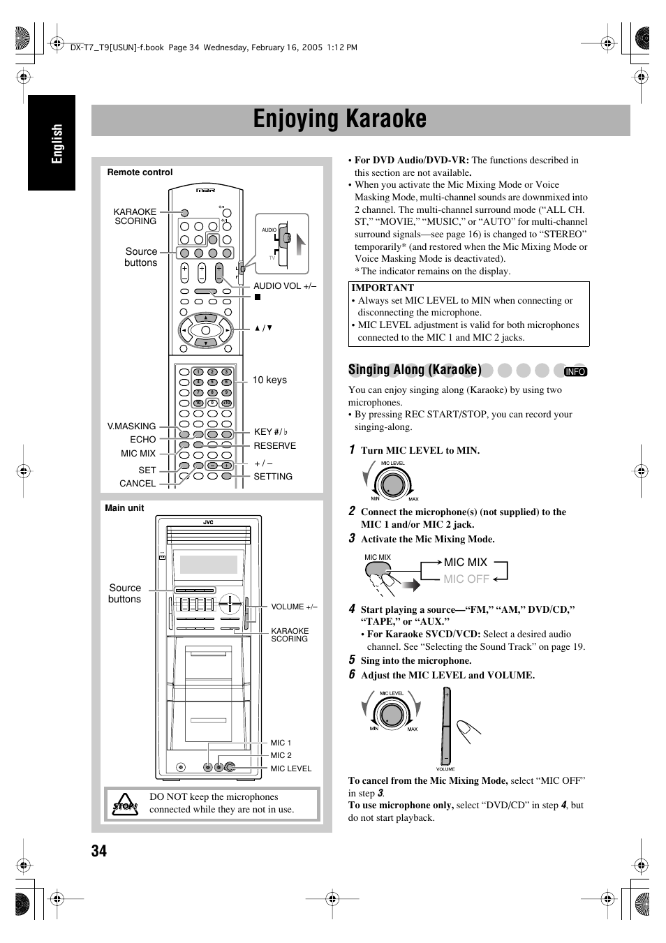 Enjoying karaoke, English, Singing along (karaoke) | JVC CA-DXT7 User Manual | Page 38 / 212