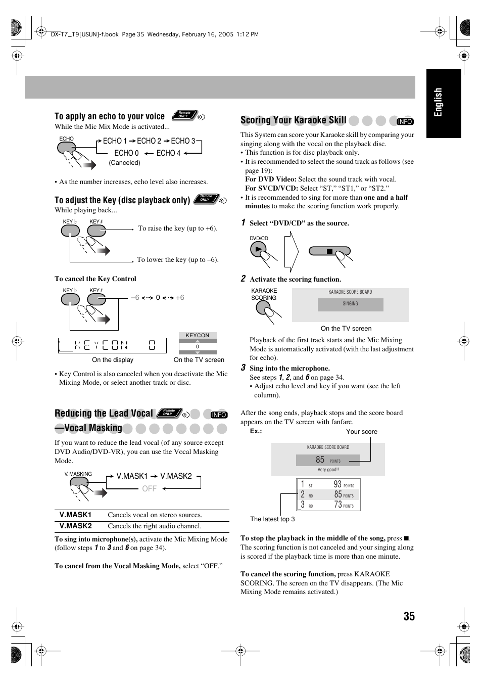 English, Reducing the lead vocal —vocal masking, Scoring your karaoke skill | JVC CA-DXT7 User Manual | Page 39 / 212