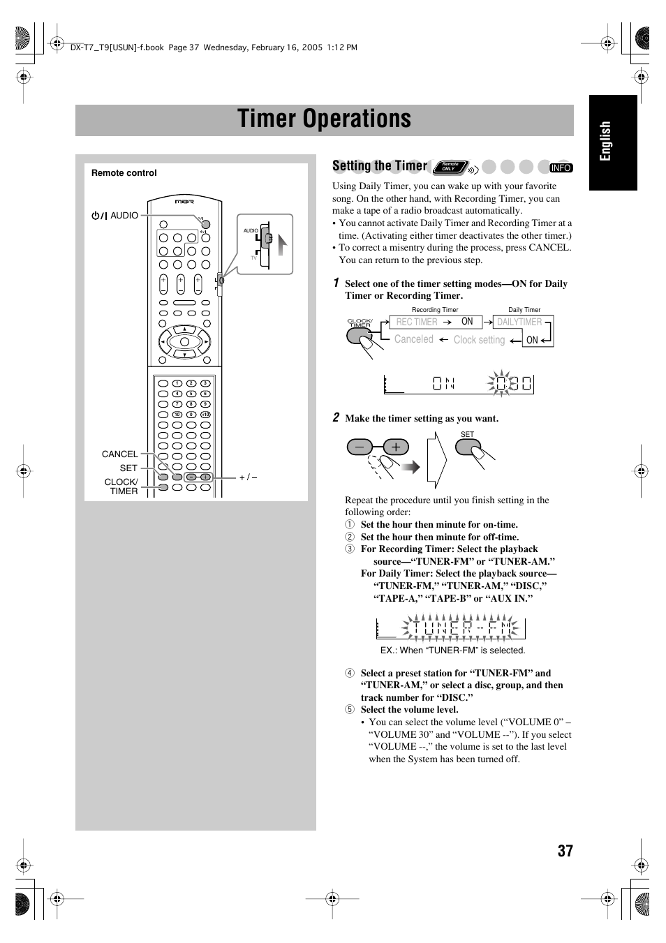 Timer operations, English, Setting the timer | JVC CA-DXT7 User Manual | Page 41 / 212