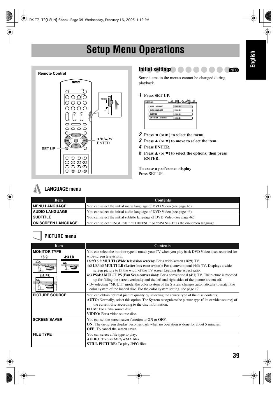 Setup menu operations, English, Initial settings | Language menu picture menu | JVC CA-DXT7 User Manual | Page 43 / 212