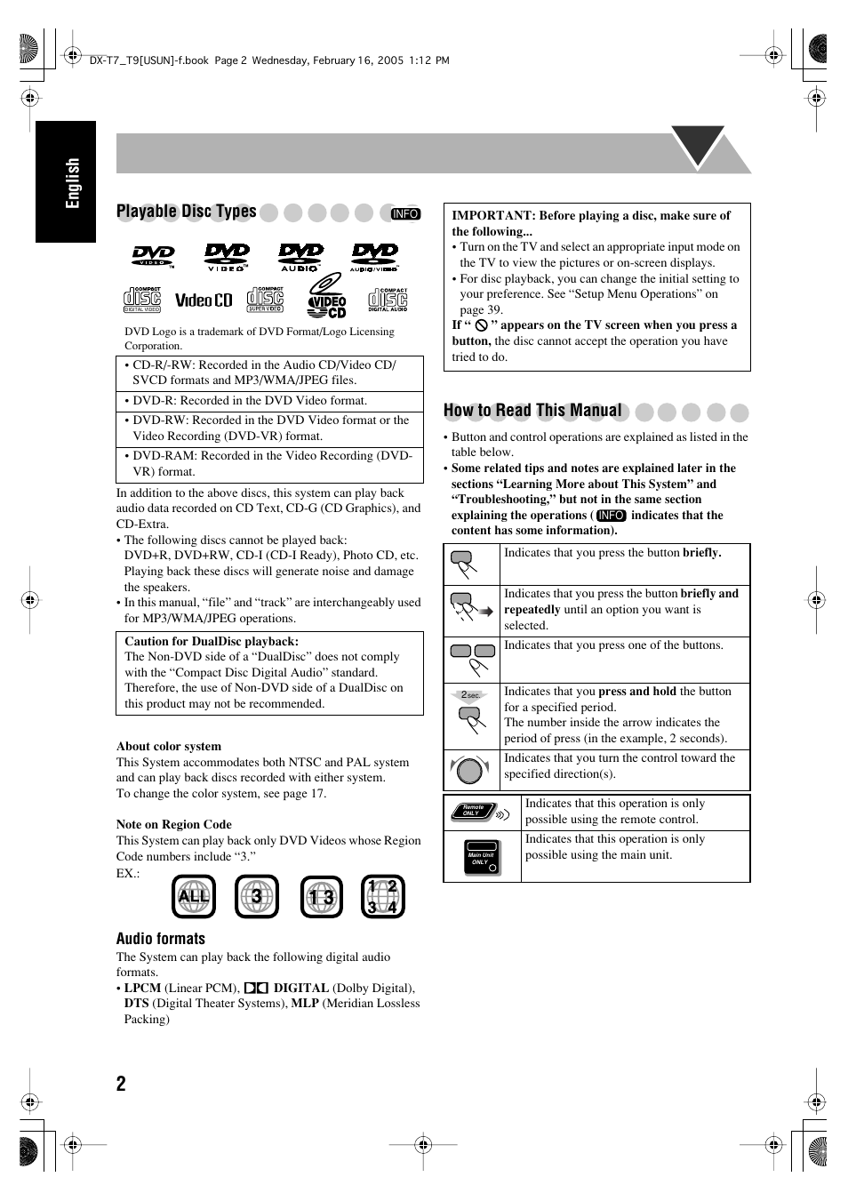 English playable disc types, How to read this manual | JVC CA-DXT7 User Manual | Page 6 / 212
