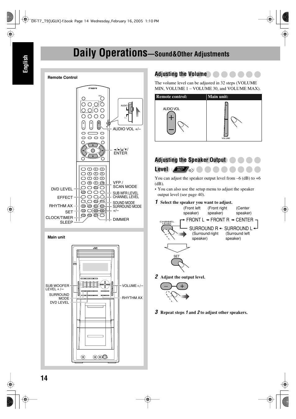 Daily operations--sound&other adjustments, Daily operations, Sound&other adjustments | English, Adjusting the volume, Adjusting the speaker output level | JVC CA-DXT7 User Manual | Page 73 / 212