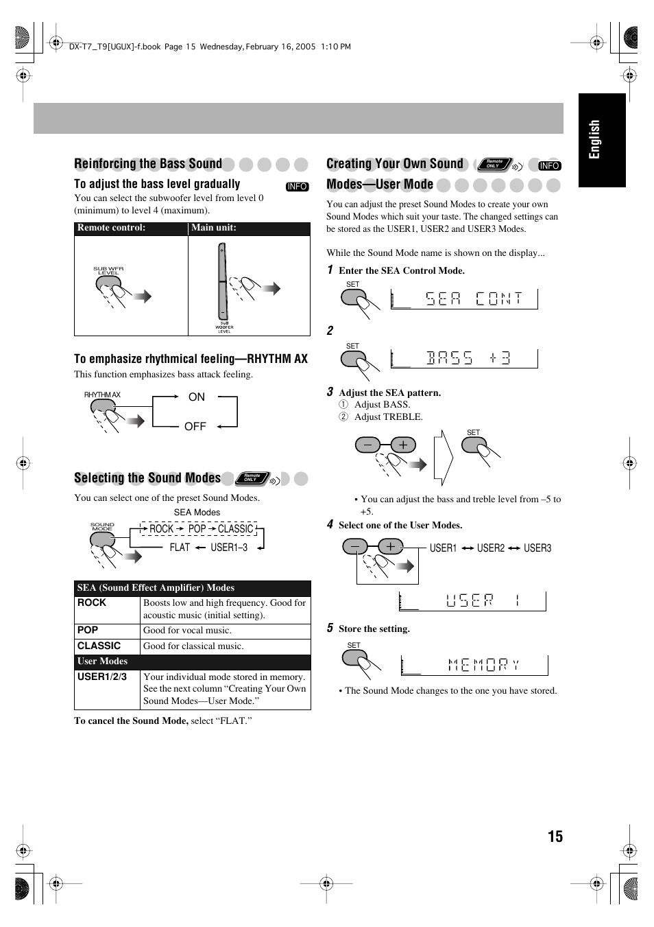 English reinforcing the bass sound, Selecting the sound modes, Creating your own sound modes—user mode | JVC CA-DXT7 User Manual | Page 74 / 212