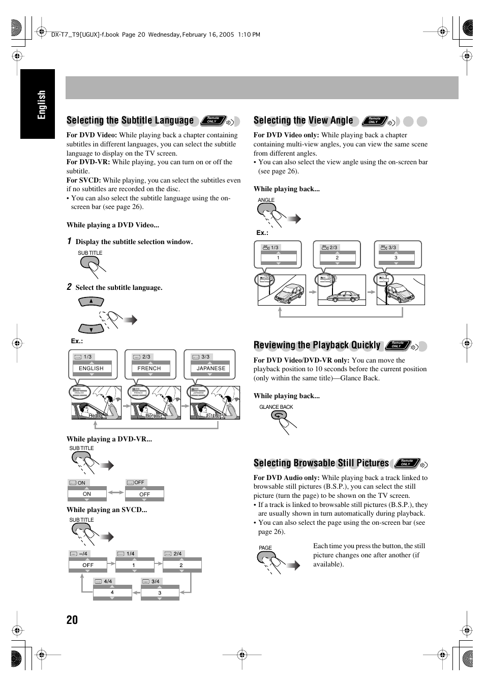 English selecting the subtitle language, Selecting the view angle, Reviewing the playback quickly | Selecting browsable still pictures | JVC CA-DXT7 User Manual | Page 79 / 212